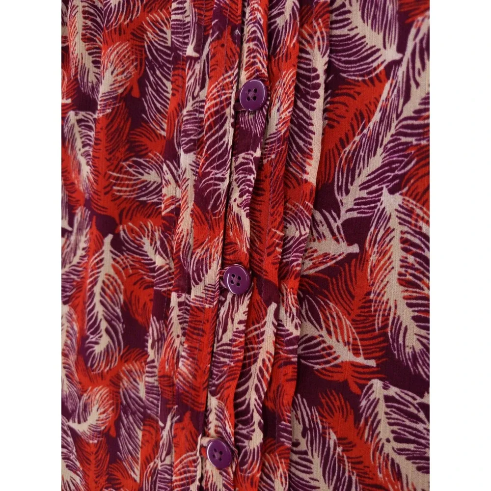 Coldwater Creek Blouse Women XS Red Purple Feather Print Pleated Chiffon Tank